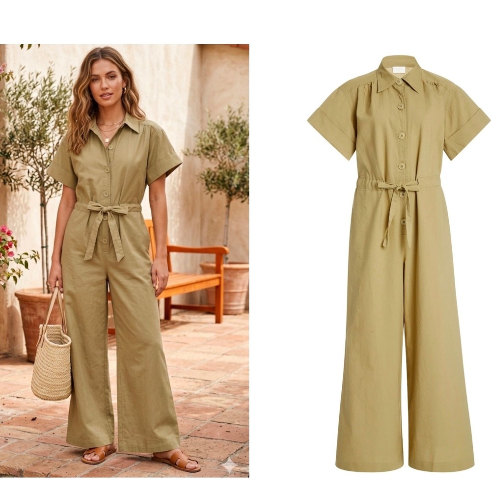 Posse Jumpsuit Women XS-S Khaki Oversized Wide Leg Cotton Utility Button Front